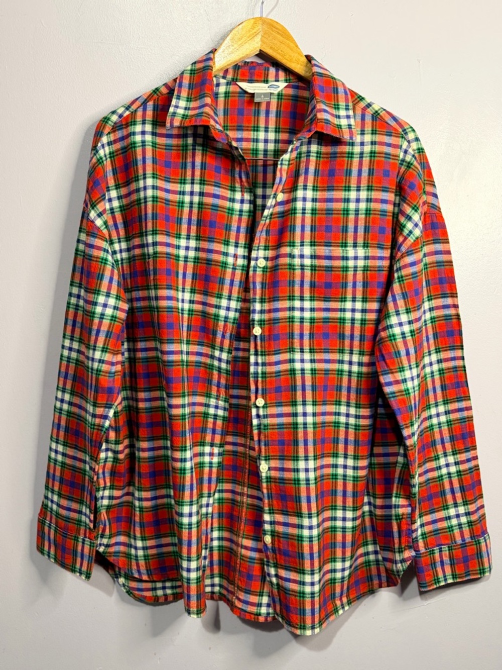 Old Navy Red Plaid Button-Down Shirt with Green and White Accents